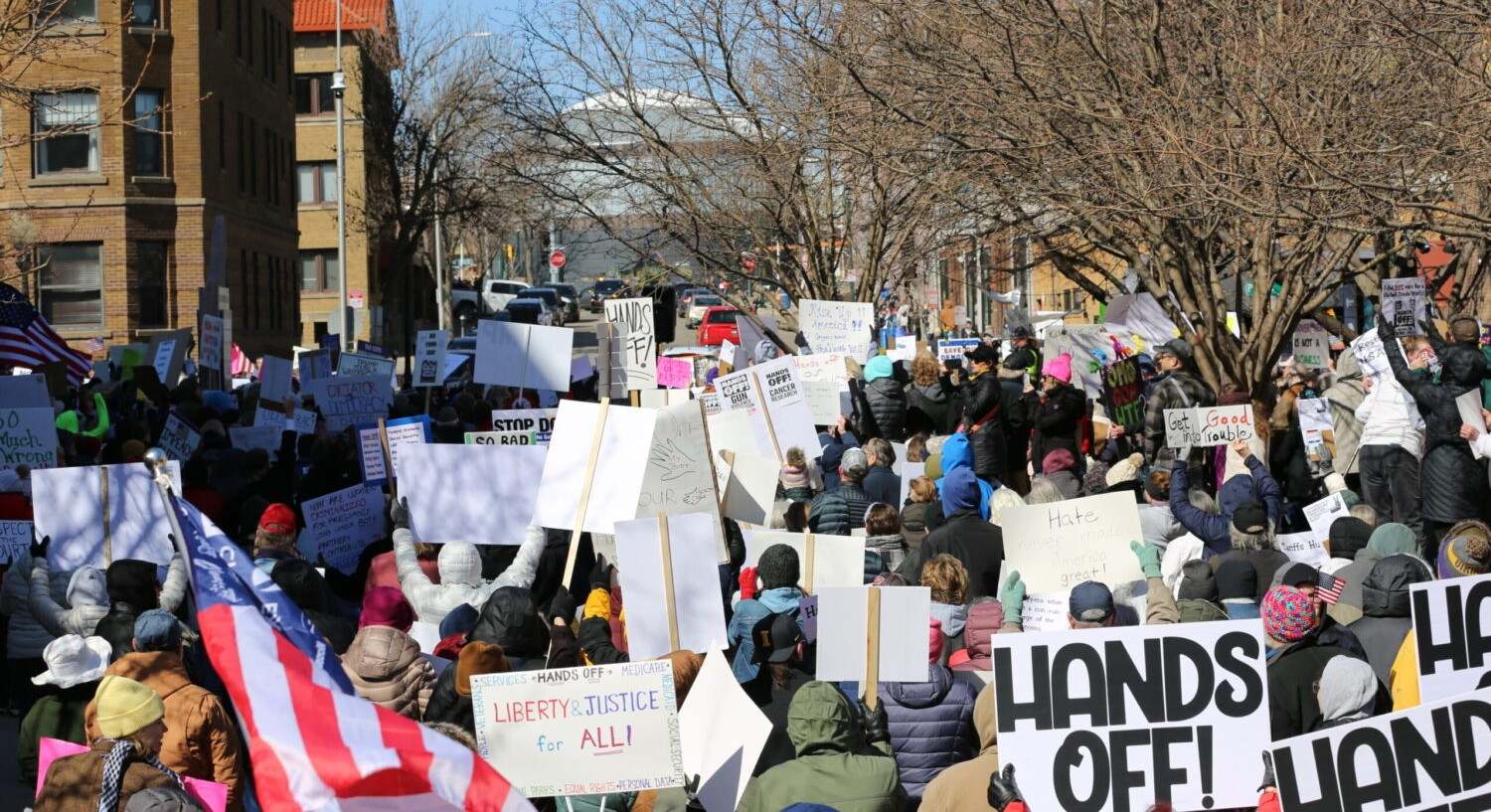 Protests around the state draw thousands demanding an end to Trump, Musk policies
