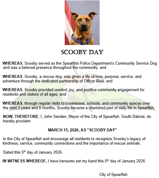 ‘Scooby Day’ to be proclaimed in Spearfish to honor SPD Community Service Dog