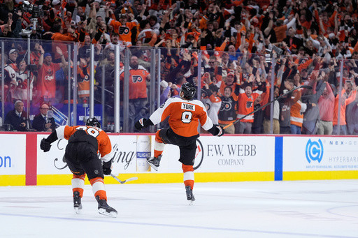Cam do! Flyers are sky high after York scores OT winner, launches stick into stands and beat Pens