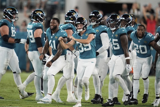 Jaguars’ Cam Little hits a 70-yard field goal in an exhibition game against the Steelers