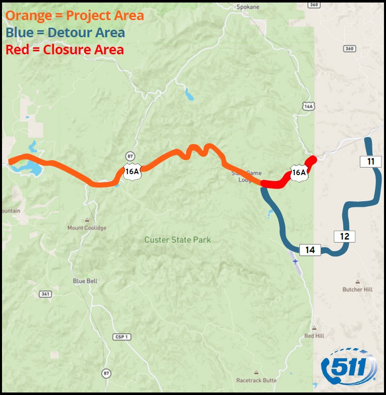 Extended Highway 16A Closure Begins Near Custer for Major Reconstruction