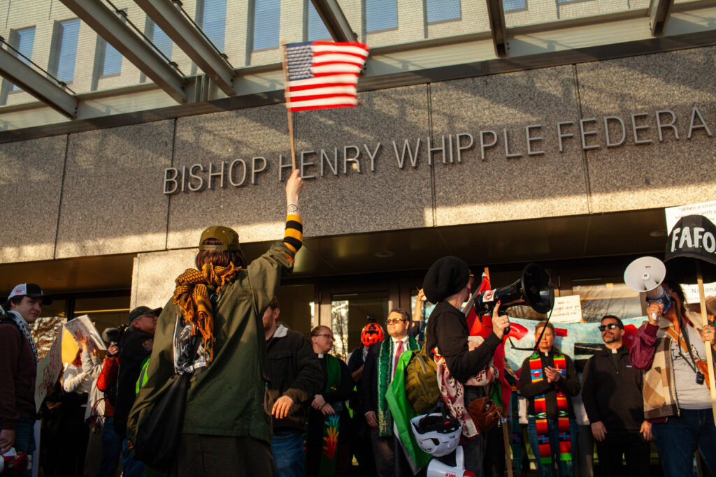 Hundreds protest DHS Secretary Noem during press conference in Minnesota